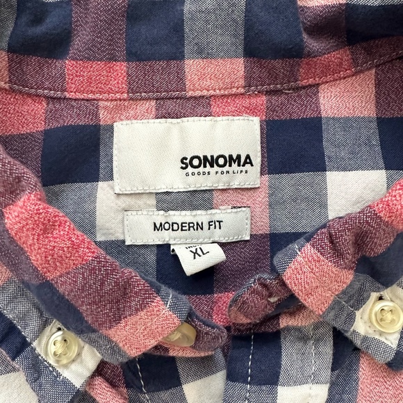 Men's Sonoma XL Short Sleeve Blue/Pink/White Plaid Casual Button Down Shirt - Picture 3 of 3